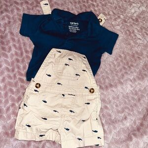 Carter's Navy Polo with Cream Whale-Print Overalls